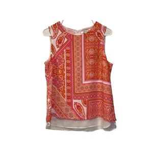 Rose + Olive Pink Orange Paisley Sleeveless Blouse Top Chiffon Hem - Medium